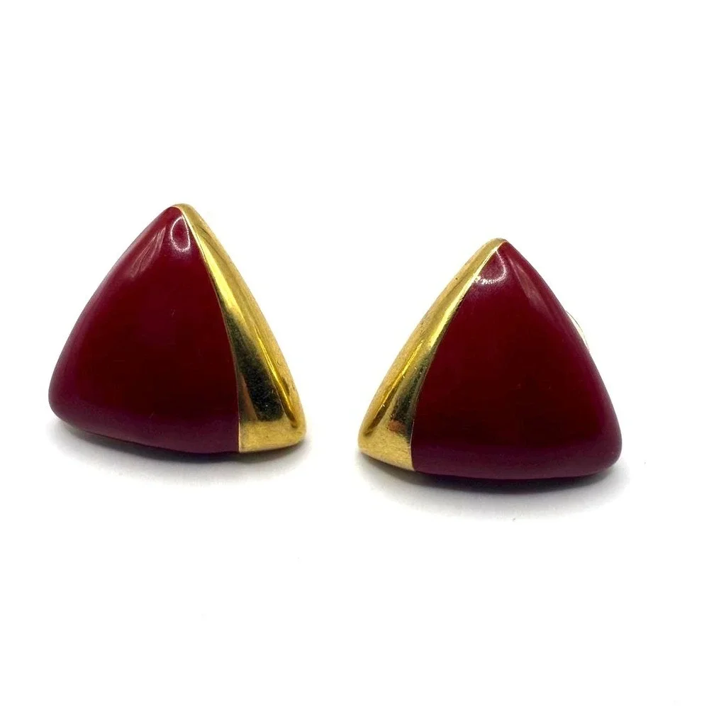 Vintage‎ Monet Red Enamel Triangle Stud Earrings Gold Tone Signed
